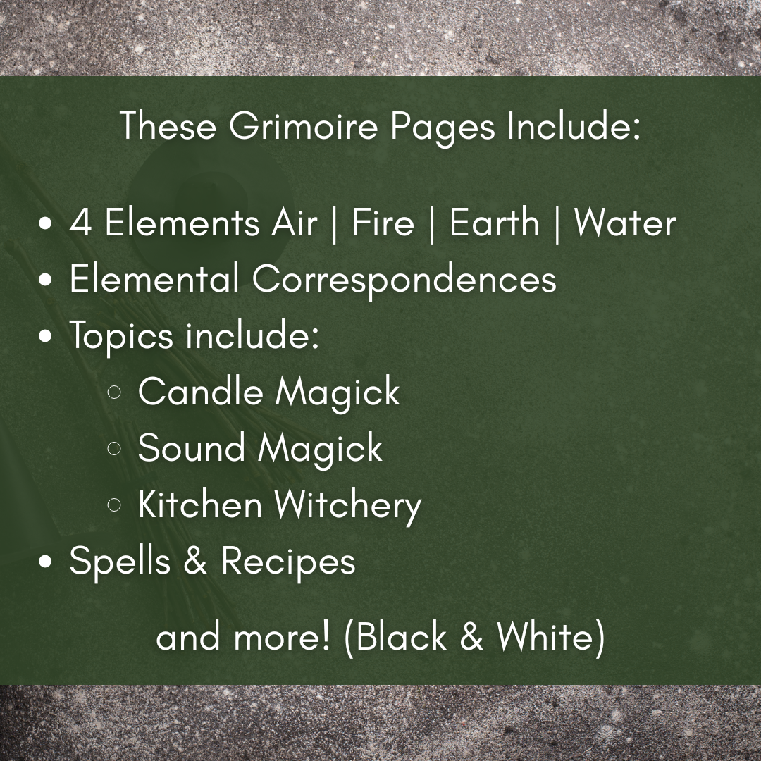 The Four Elements Grimoire Page – Printable Witchcraft Guide (Digital Download) - Blk & Wht