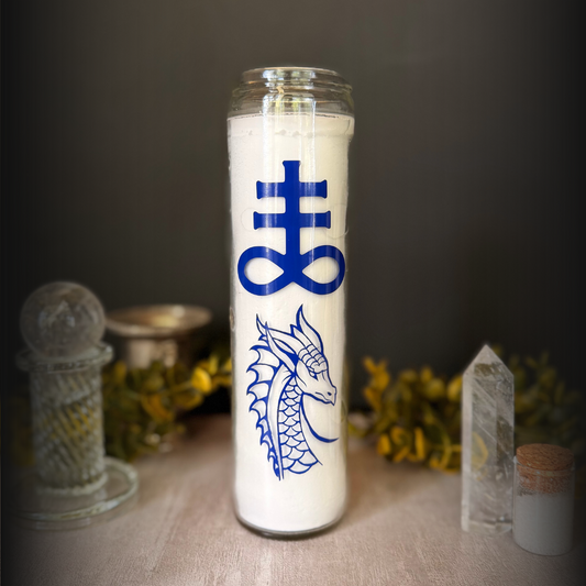 Leviathan Ritual Candle – White 8" Altar Candle with Deep Blue Sea Serpent & Sigil