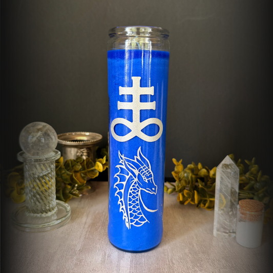 Leviathan Ritual Candle – Blue 8" Altar Candle with Silver Sea Serpent & Sigil
