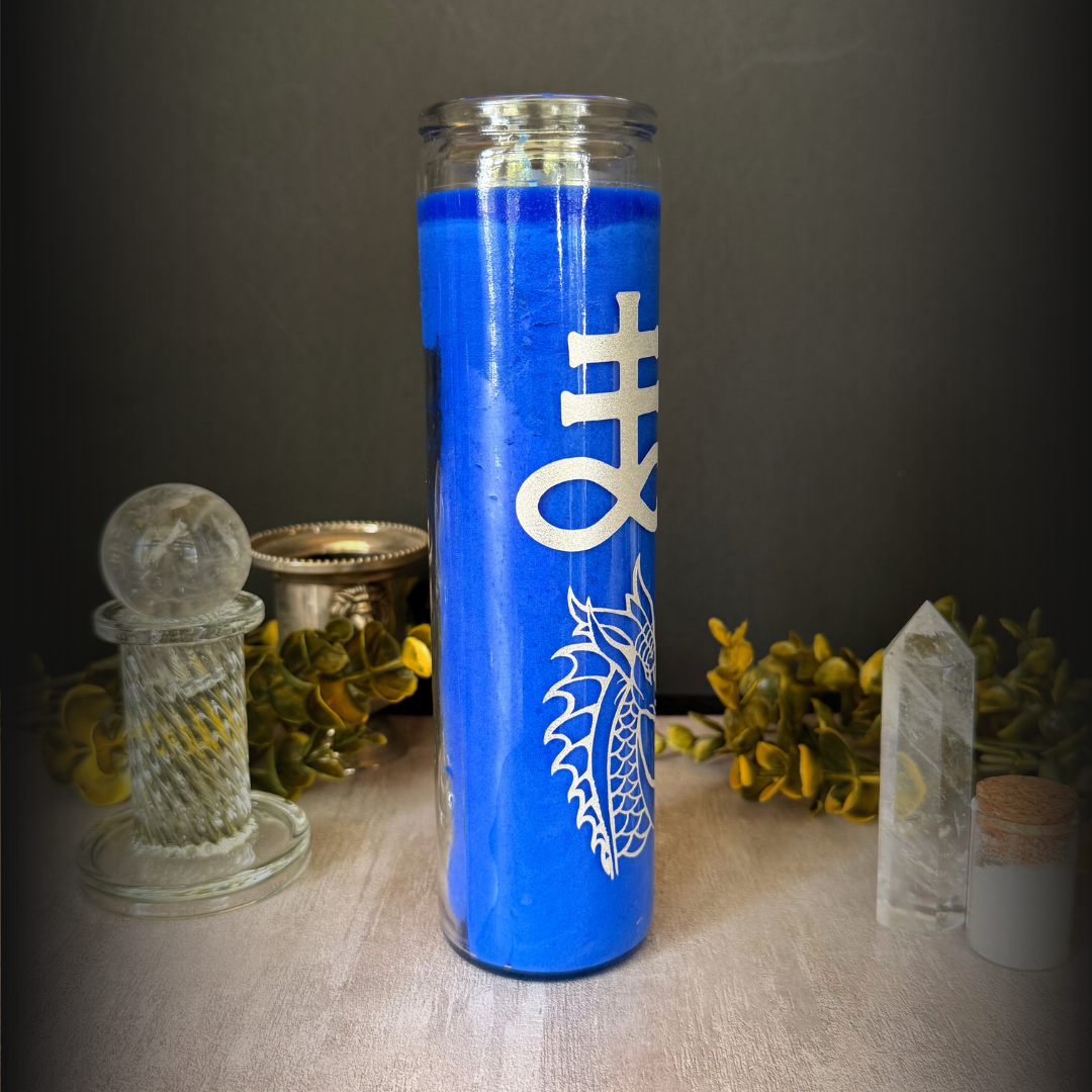 Leviathan Ritual Candle – Blue 8" Altar Candle with Silver Sea Serpent & Sigil