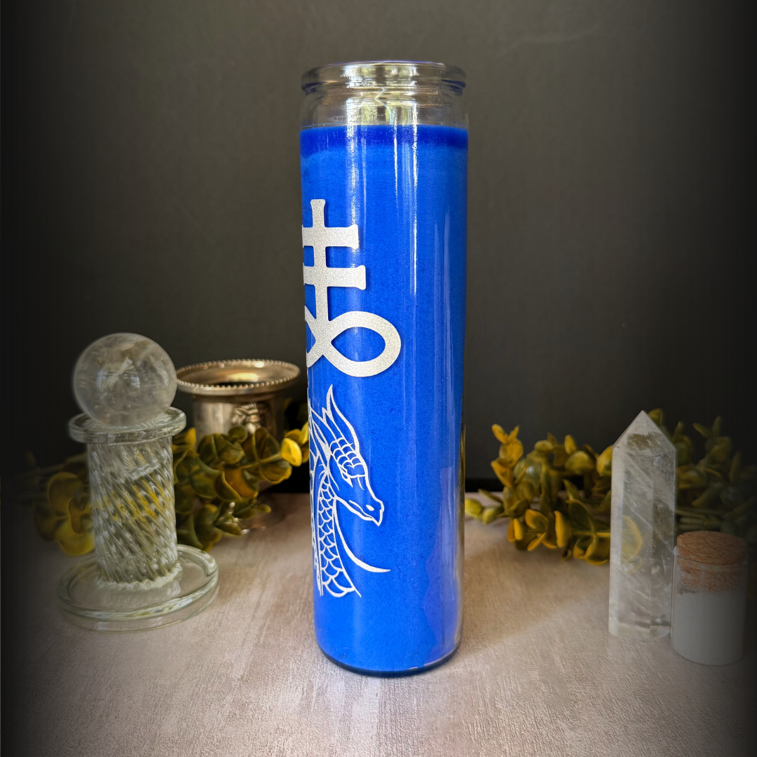 Leviathan Ritual Candle – Blue 8" Altar Candle with Silver Sea Serpent & Sigil