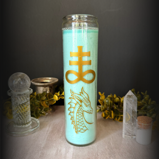 Leviathan Ritual Candle – Aqua 8" Altar Candle with Gold Sea Serpent & Sigil