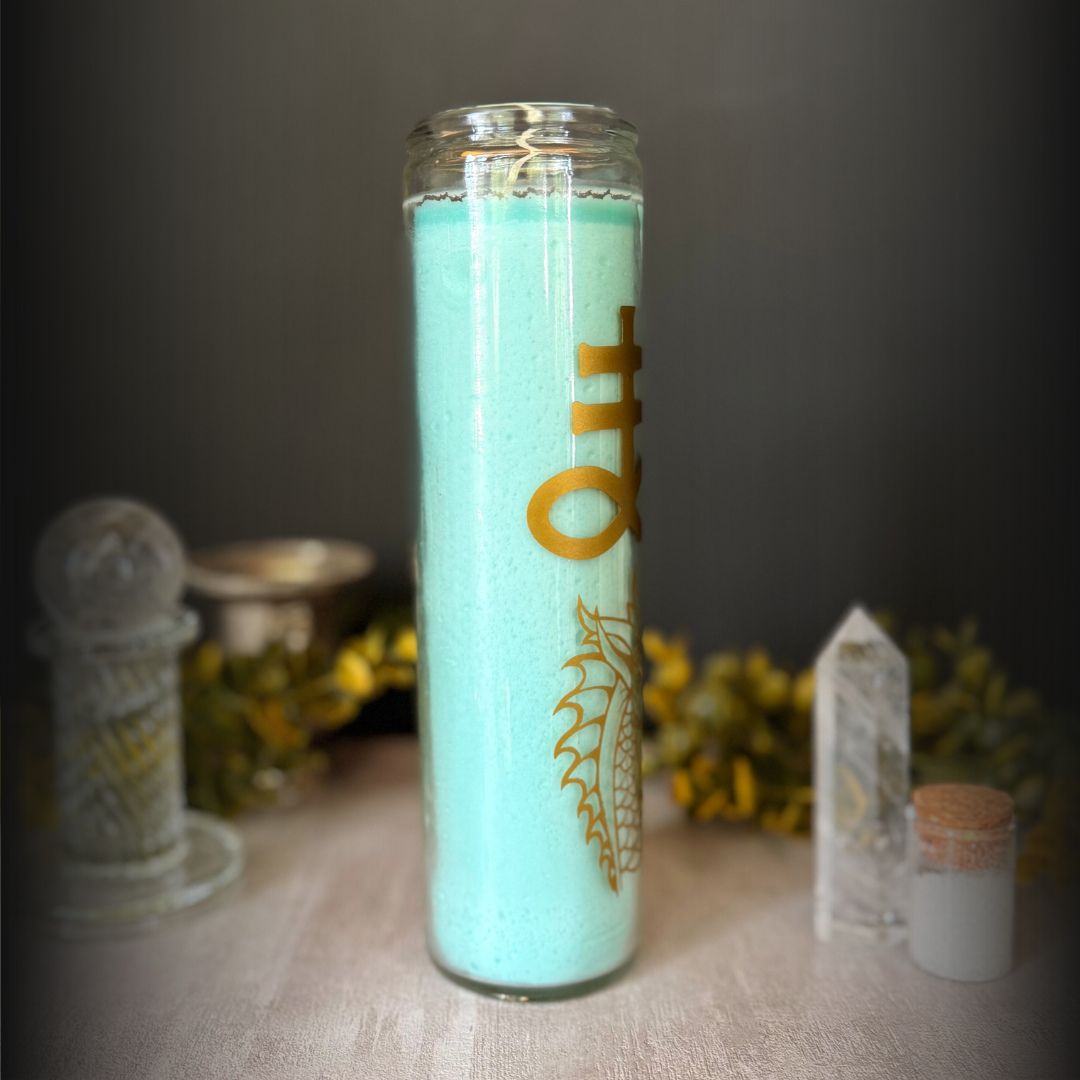 Leviathan Ritual Candle – Aqua 8" Altar Candle with Gold Sea Serpent & Sigil