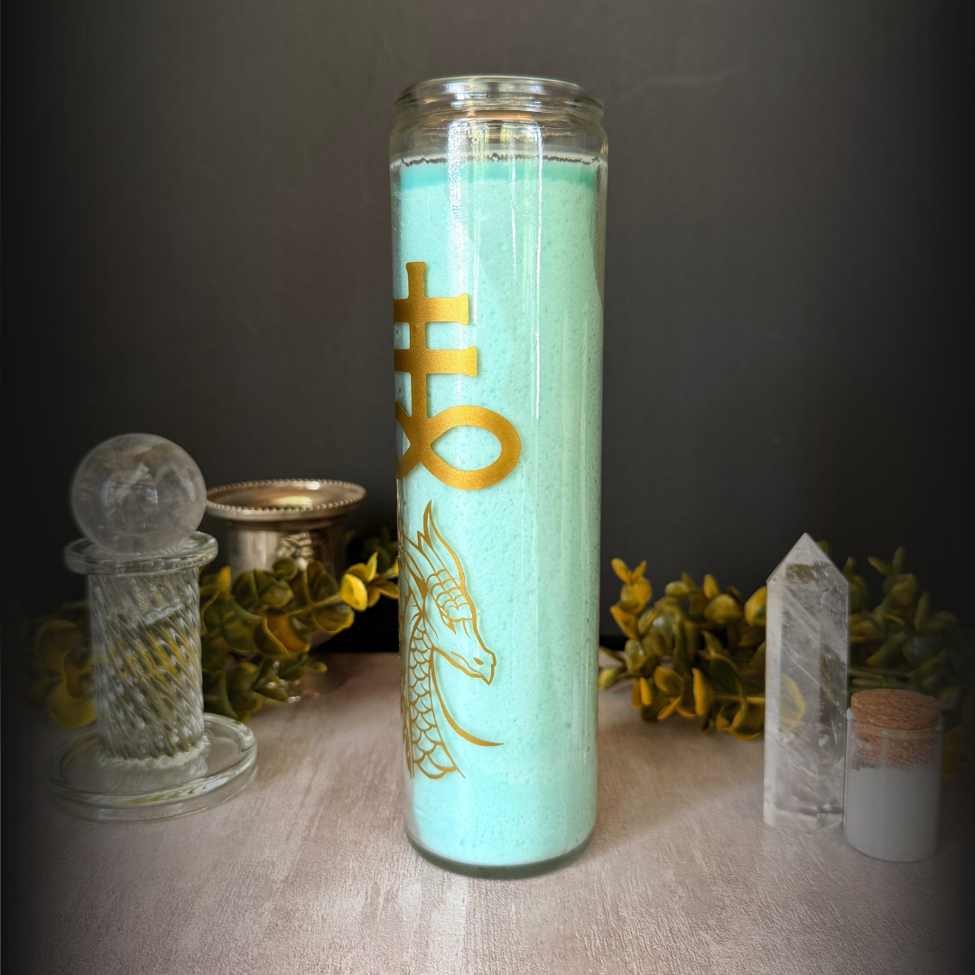 Leviathan Ritual Candle – Aqua 8" Altar Candle with Gold Sea Serpent & Sigil