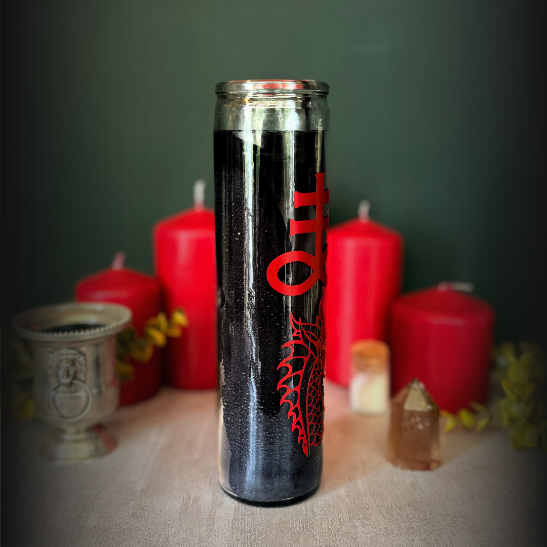 Leviathan Ritual Candle – Black 8" Altar Candle with Red Sigil & Dragon Design