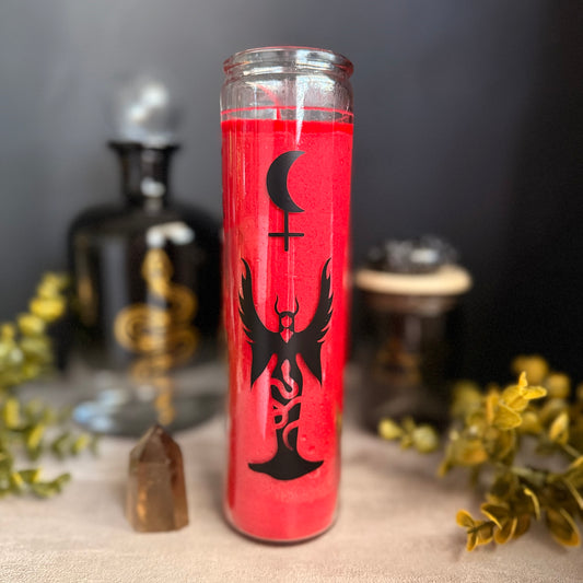 Red candle with black symbol on a dark background
