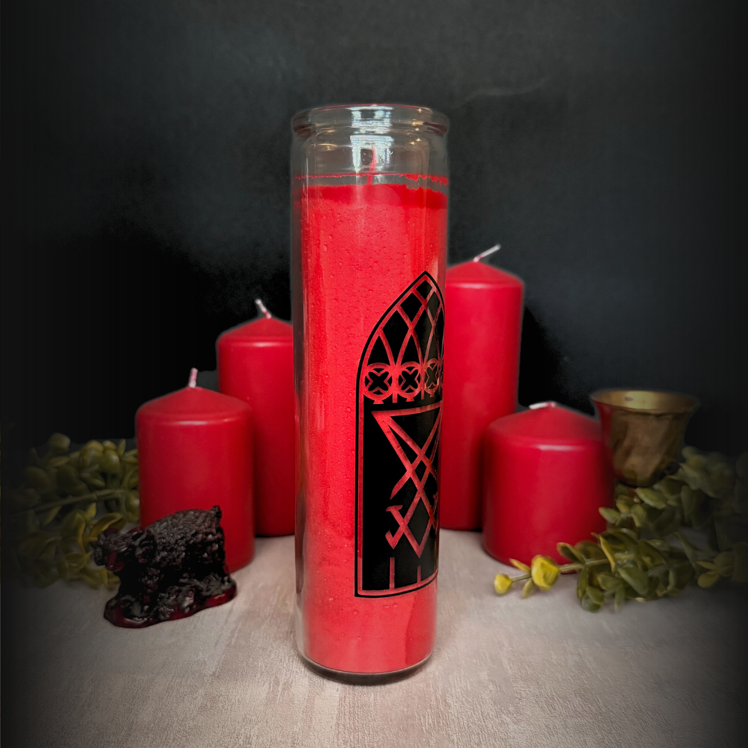 Lucifer Altar Ritual Candle – 8" Red Altar Candle with Gothic Sigil & Cathedral Window