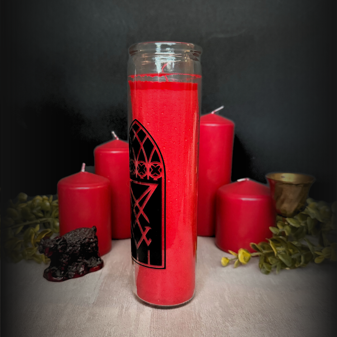 Lucifer Altar Ritual Candle – 8" Red Altar Candle with Gothic Sigil & Cathedral Window