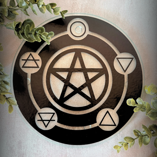 Pentacle Altar Plate – 8″ Glass Offering Plate with Pentacle and Elemental Symbols for Witchcraft & Ritual Use