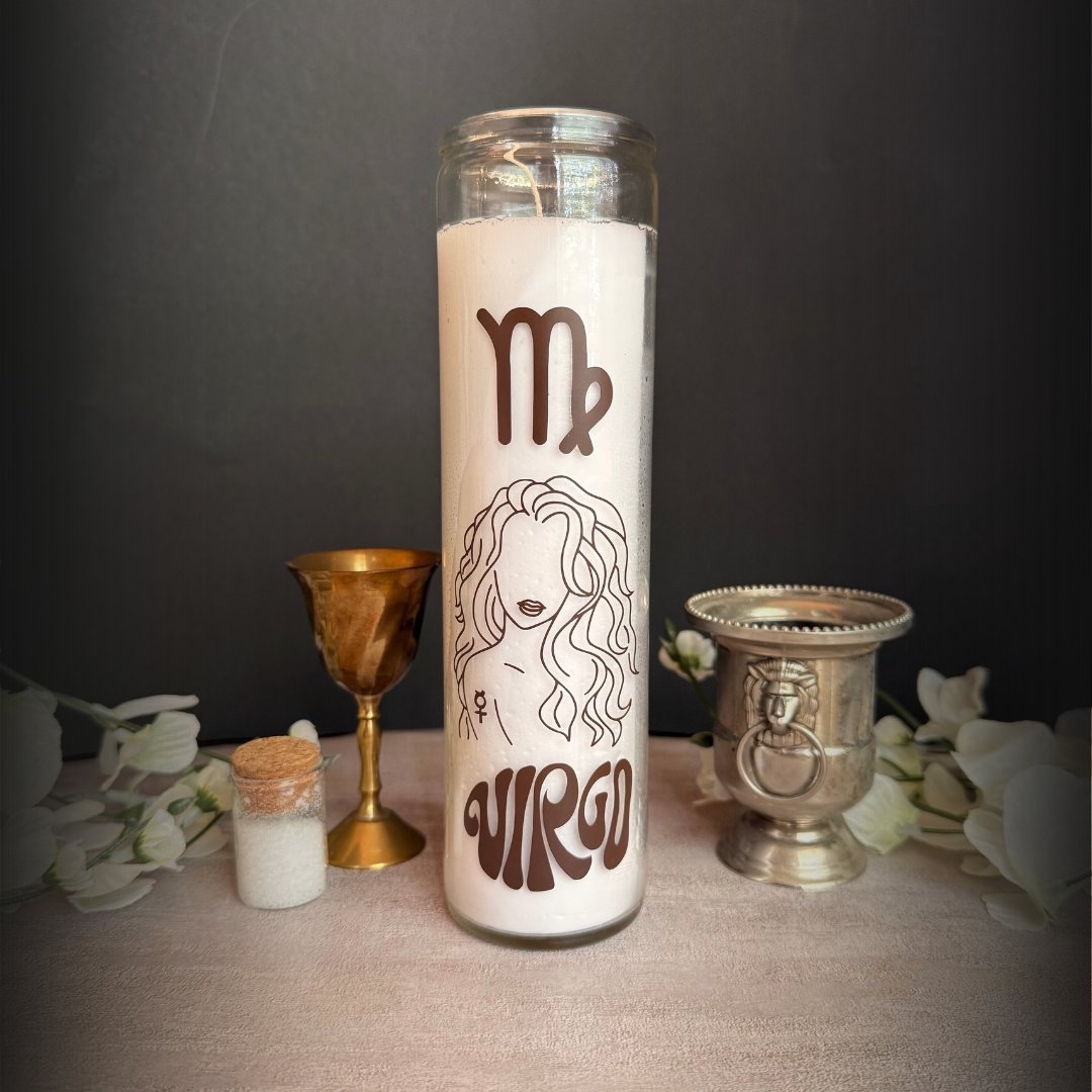 White pillar candle with Virgo symbol maiden image and text