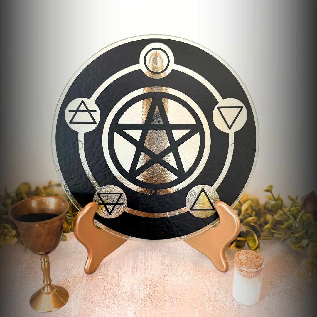 Plate with Pentacle in center, Spirit, Water, Fire, Earth, and Symbol on golden stand