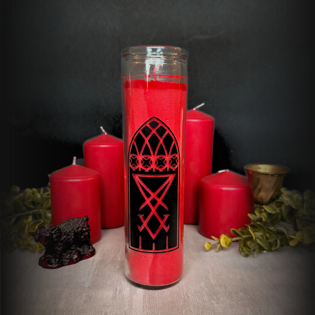 Red Lucifer Ritual Candle with Lucifer sigil in gothic window