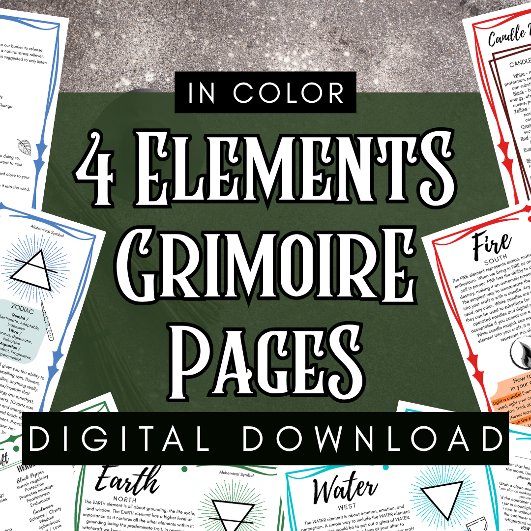 The Four Elements Grimoire Page – Printable Witchcraft Guide (Digital Download) - Color Pages