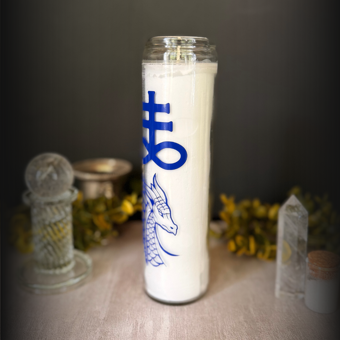Leviathan Ritual Candle – White 8" Altar Candle with Deep Blue Sea Serpent & Sigil