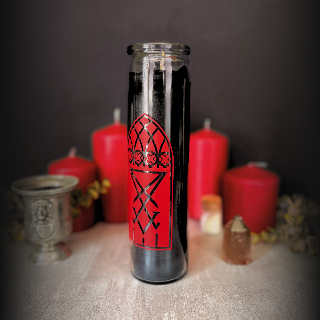 Lucifer Altar Ritual Candle – 8"Black Altar Candle with Gothic Sigil & Cathedral Window