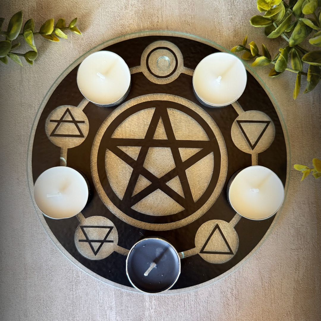 Pentacle Altar Plate – 8″ Glass Offering Plate with Pentacle and Elemental Symbols for Witchcraft & Ritual Use